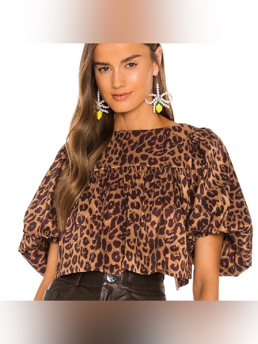 LPA Brown Cheetah Abena Boat Neckline CropTop Features Voluminous Puff Sleeves L